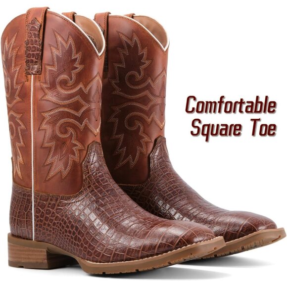 Men‘s Natural Caiman Belly Leather Cowboy Bold Crocodile Texture Square Toe Boot main image 4